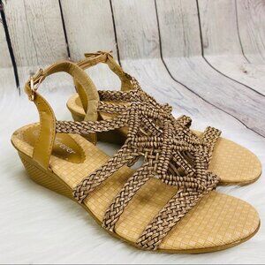 Brown Woven Open Toe Kitten Heel Wedge Sandals